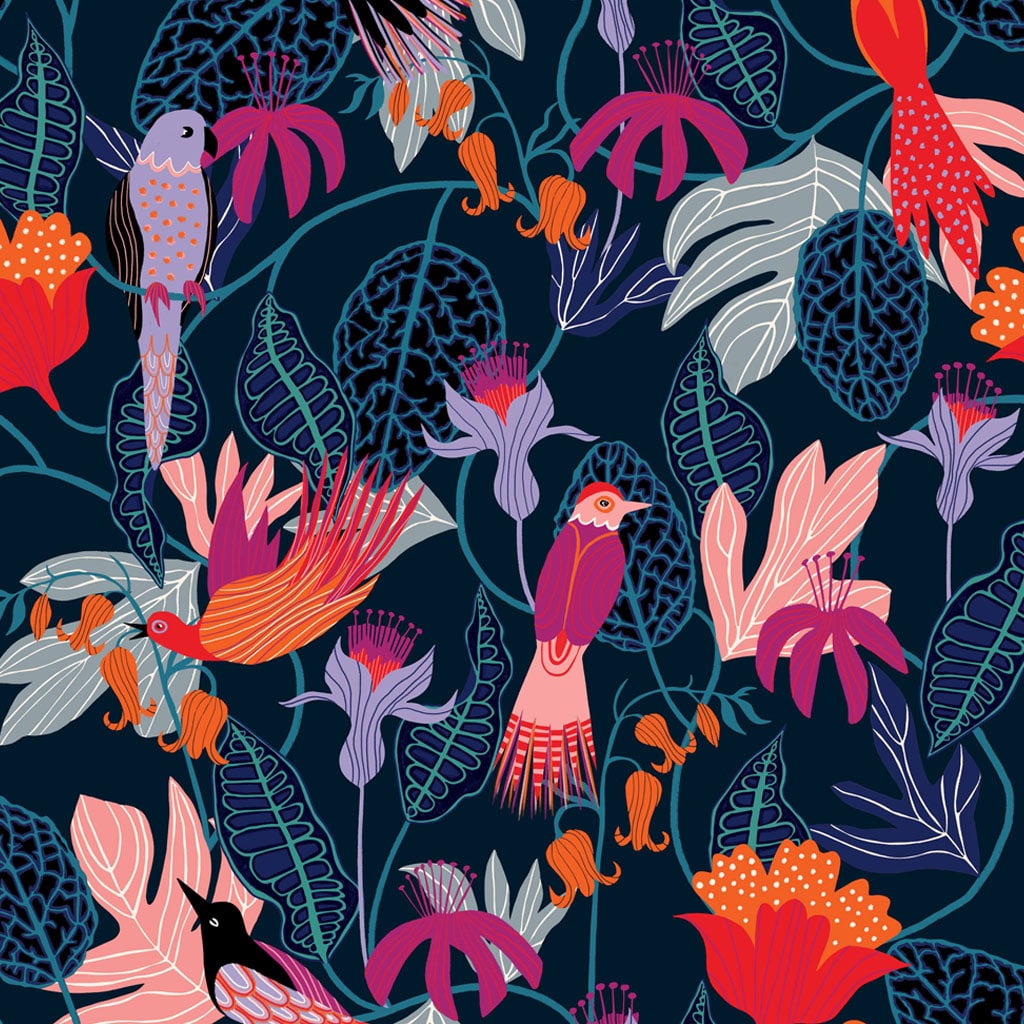 Tropical Jungle Birds on navy rayon viscose dressmaking fabric - Gardenier by Dashwood Studio