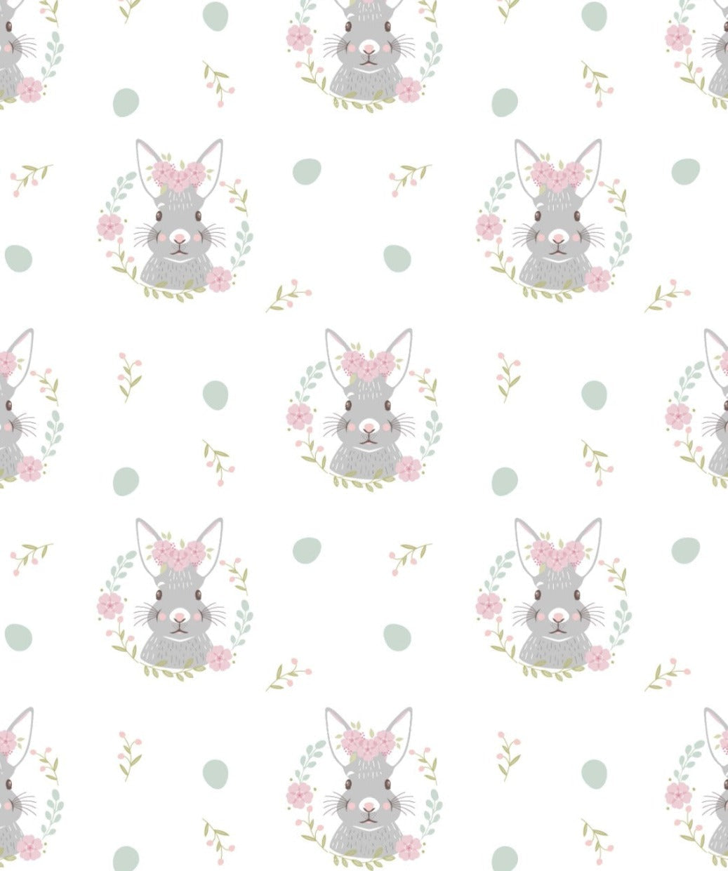 Cute little grey bunnies in a pink floral wreath on a white cotton fabric - Little Explorer by Craft Cotton Co.