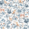 Sketch like foxes, deer and hares on a white fabric with blue vegetation - Into the Wild by Dashwood Studio