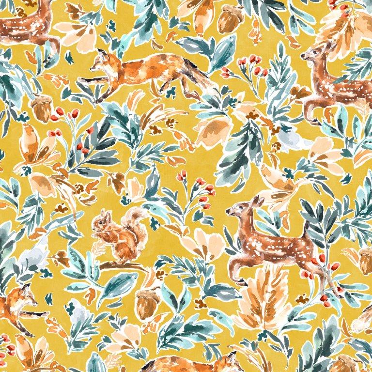 Forest animals and foliage on yellow cotton fabric - Into the wild by Dashwood Studio