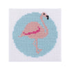 Pink flamingo on a blue background circle - a mini cross stitch kit - Stitchfinity