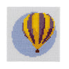 Striped yellow and purple hot air balloon on a lilac circle mini starter cross stitch kit