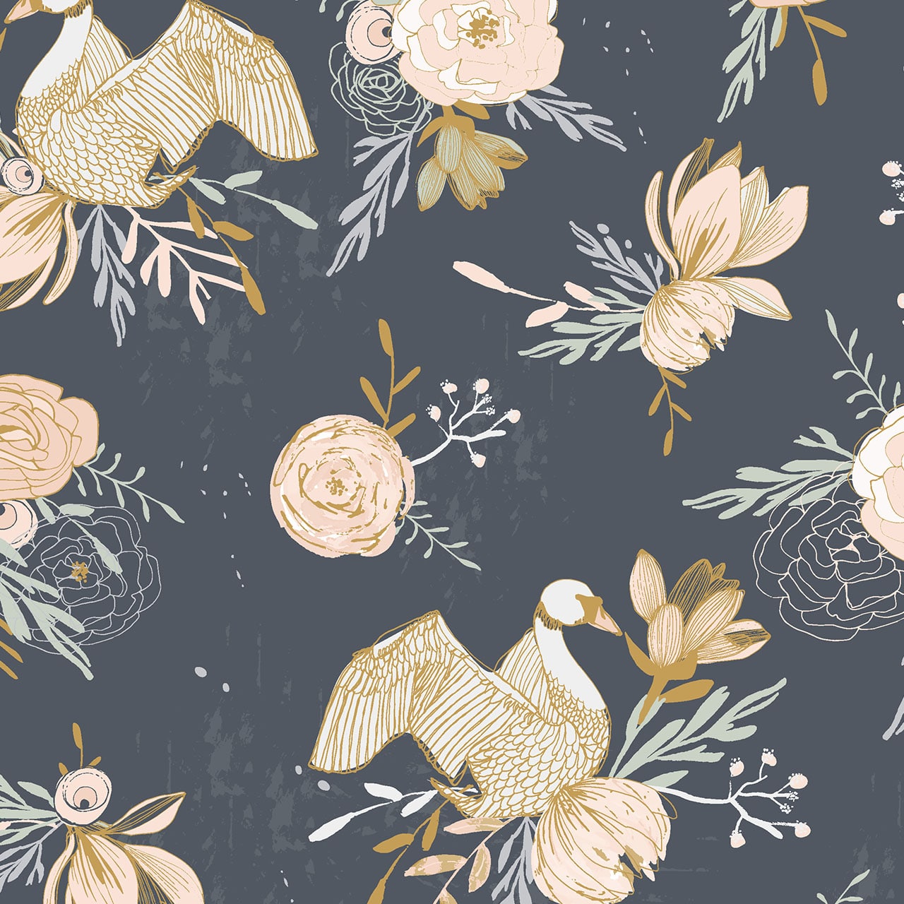 Grey with cream and gold floral cotton fabric - 'New Beginnings' by Dashwood Studio