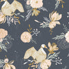peach flowers and gold and white swans on dark grey cotton fabric - New Beginnings by Dashwood Studio