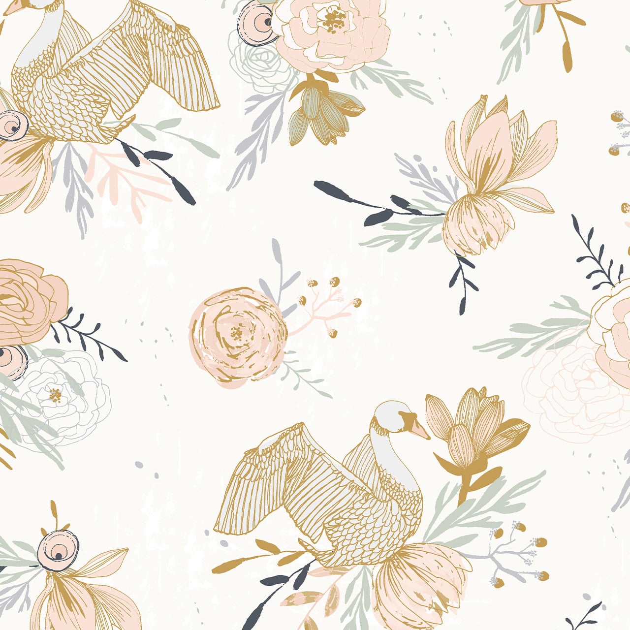 Dark grey floral and swan cotton fabric - 'New Beginnings' by Dashwood Studio