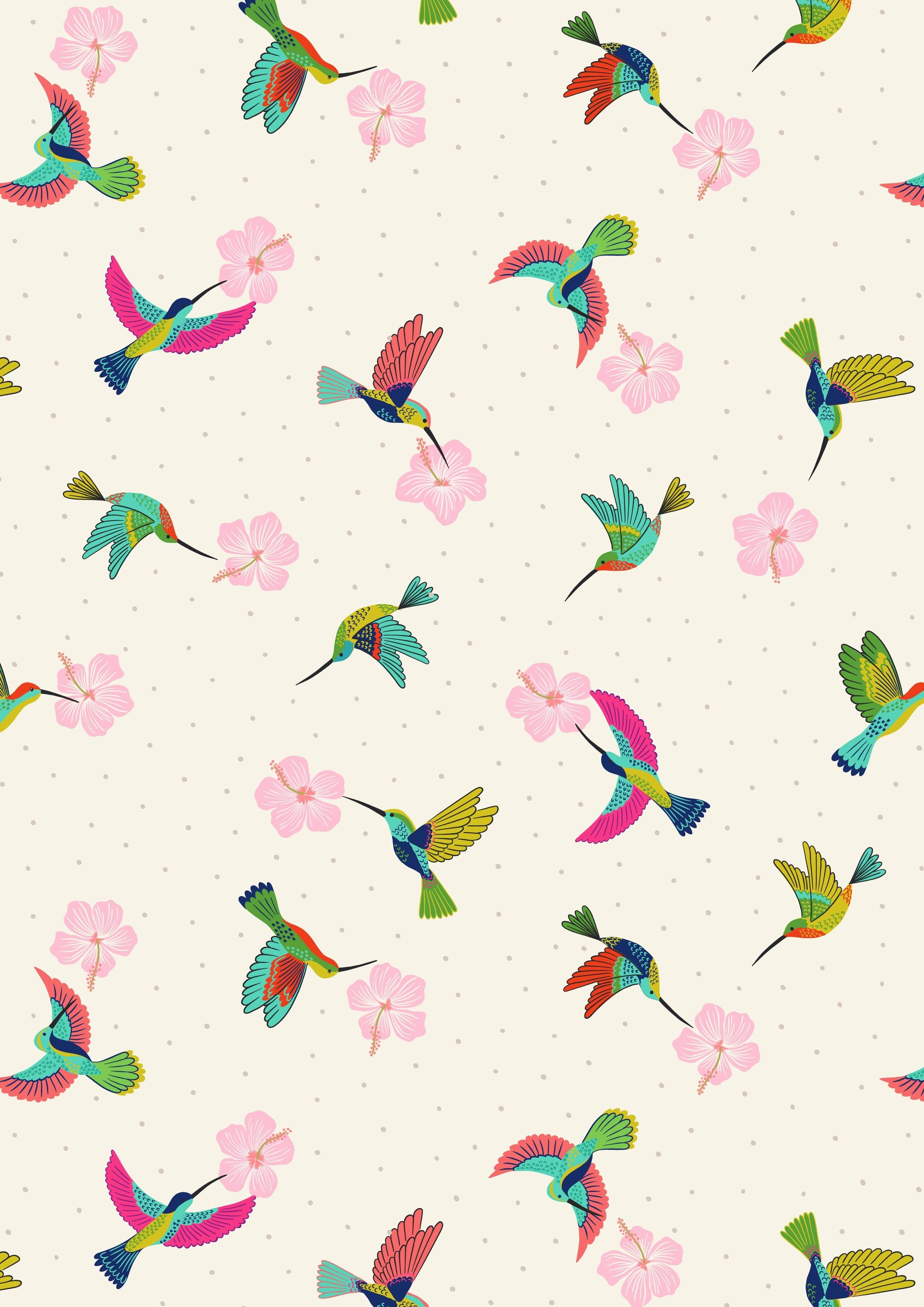 Daisies on coral fabric - 'Hibiscus Hummingbird' Lewis & Irene