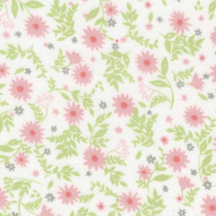 Pink flowers on white brushed cotton fabric - Robert Kaufman