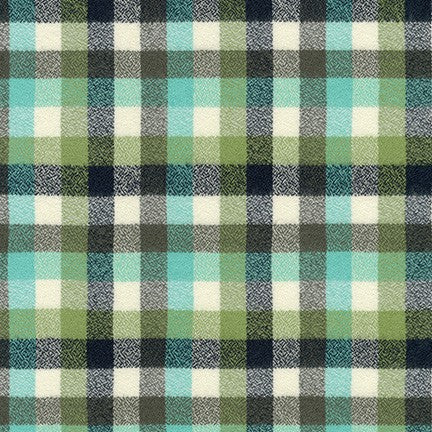 Green, turquoise, cream, black checked flannel cotton fabric - Mammoth Junior - Robert Kaufman
