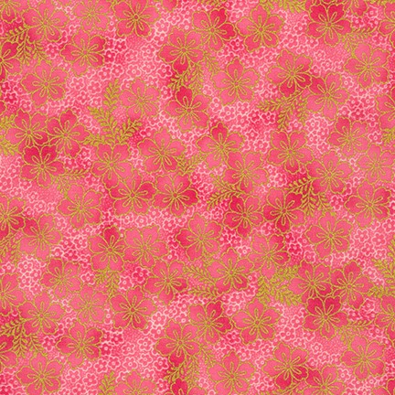 Japanese style coral and gold floral cotton fabric by Robert Kaufman
