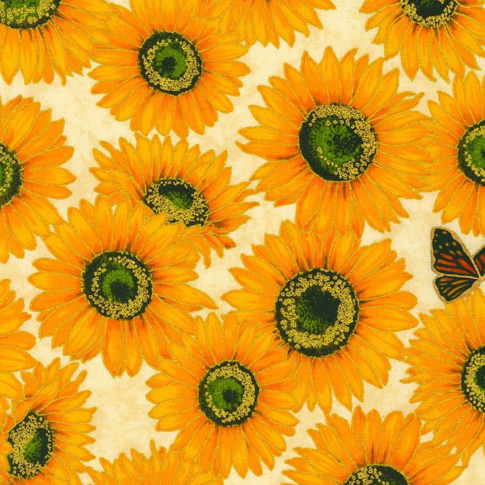 Sunflowers Butterflies Gold Metallic on Cream cotton fabric - Shades of the Season by Robert Kaufman