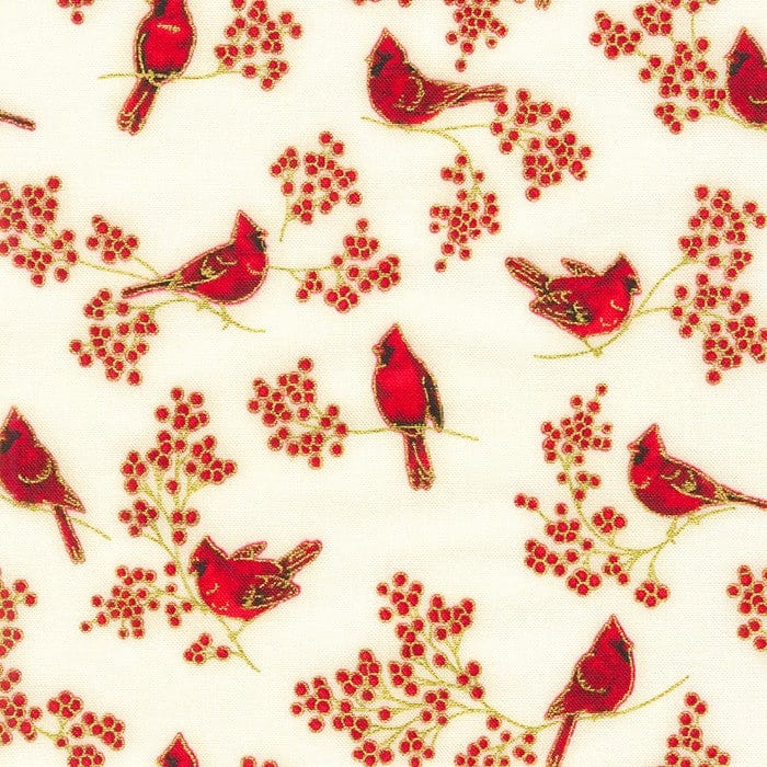 Cardinal birds on green and gold cotton fabric - Holiday Charms - Robert Kaufman