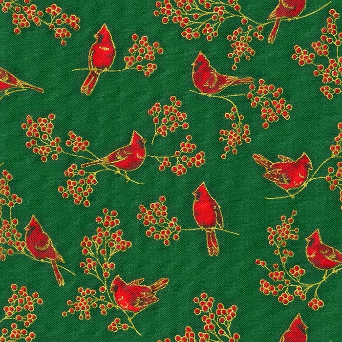 Christmas red cardinal birds on a deep green cotton fabric with gold details - Holiday Charms -Robert Kaufman