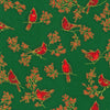 Fabric Cardinal birds on green and gold cotton fabric - Holiday Charms - Robert Kaufman