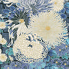 Large and small silver and navy flowers on blue cotton fabric