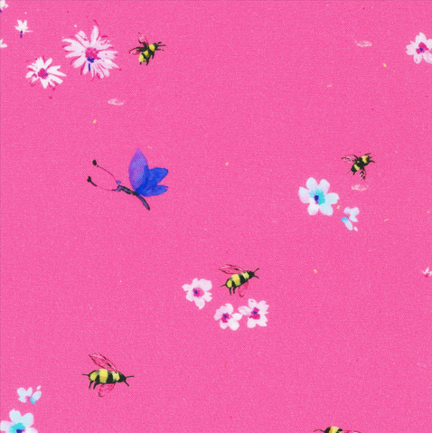 Bright pink cotton fabric with bees, dragonflies and flowers.