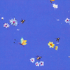 Yellow bees, yellow dragonflies and flowers on blue cotton fabric