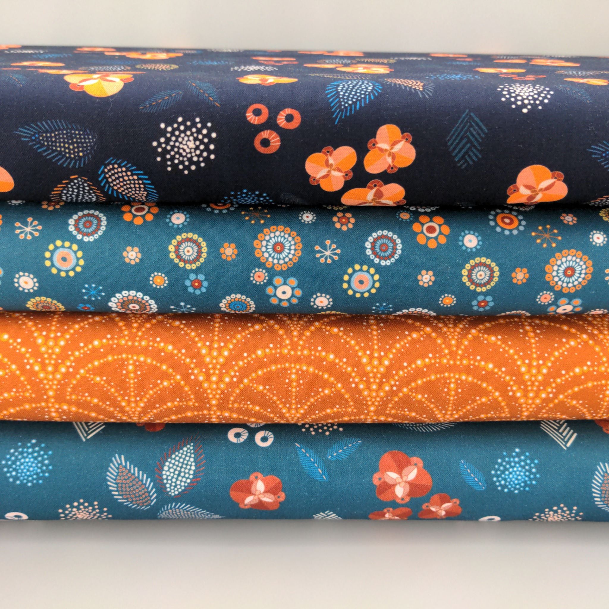 Scandi Flowers and Leaves on navy blue cotton fabric - Broderi by Dashwood Studio