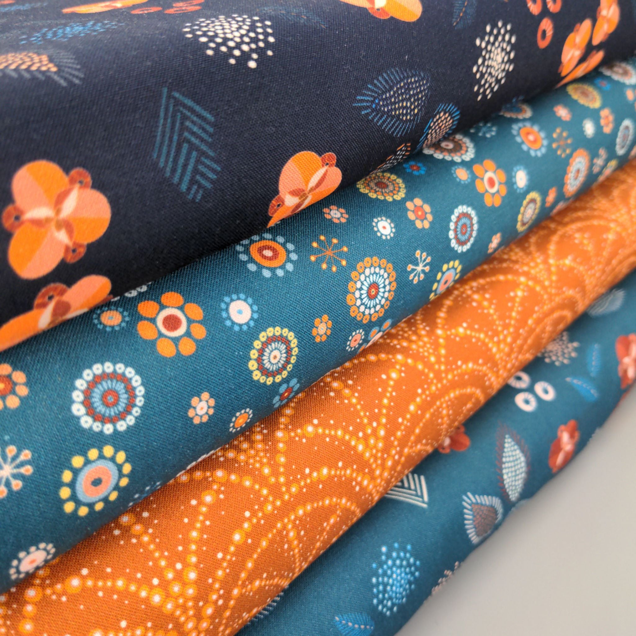 Scandi Flowers and Leaves on navy blue cotton fabric - Broderi by Dashwood Studio