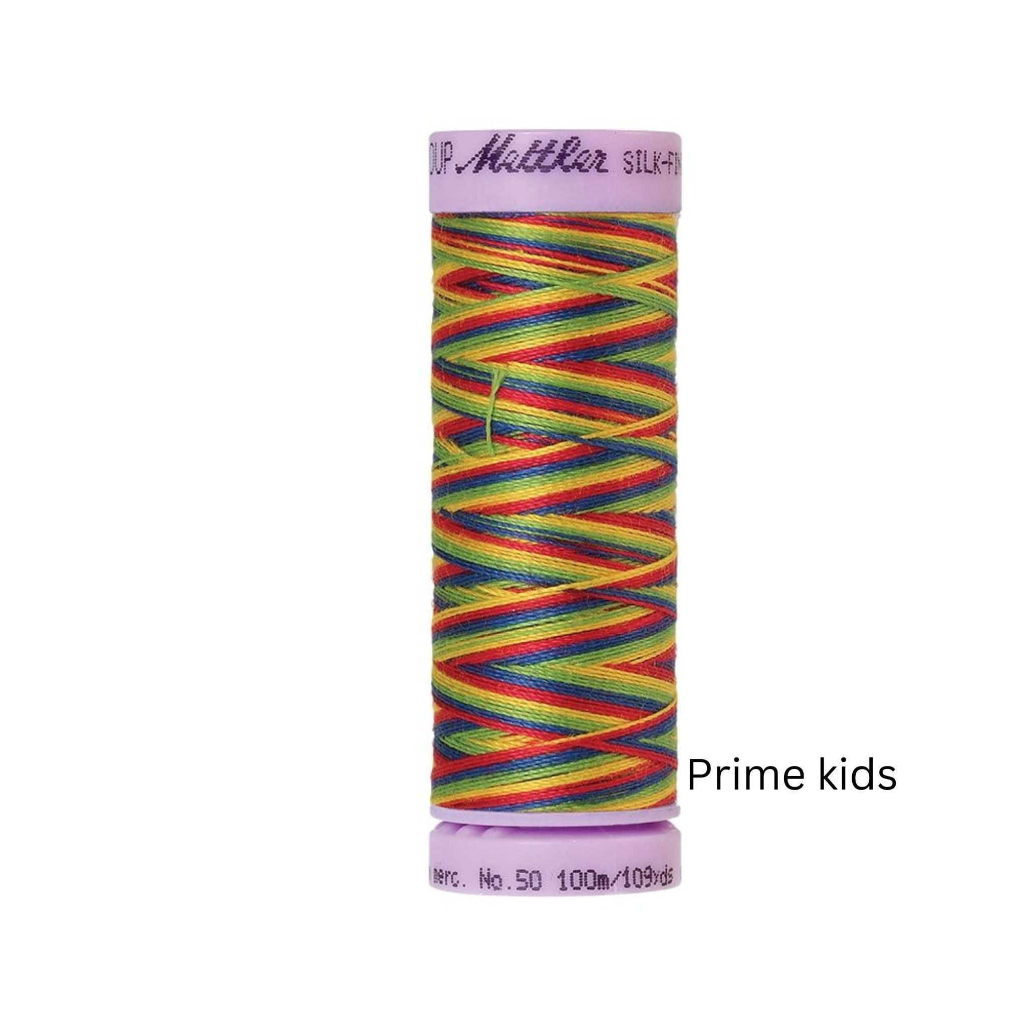 Prime Kids silk thread with  red, yellow, green and dark blue for sewing machines - 100 Metres - Mettler