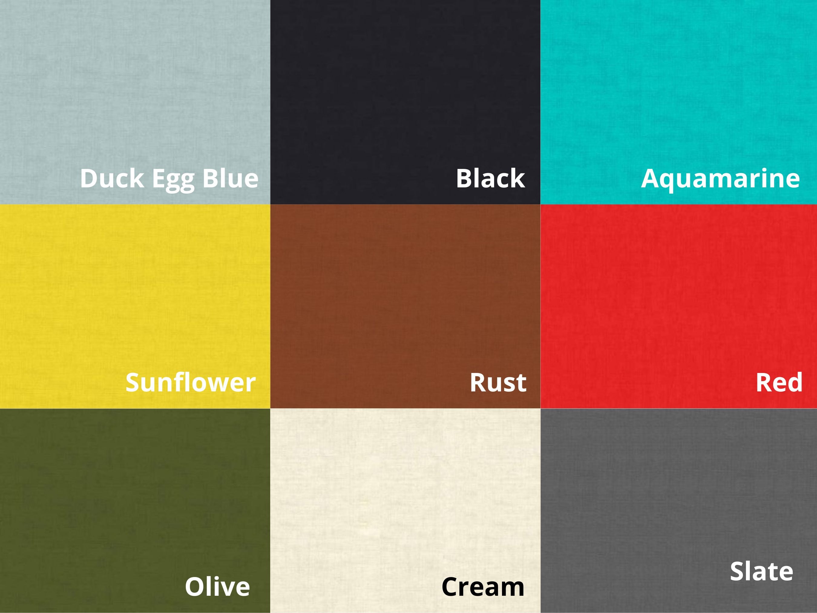 9 different colours, duck egg blue, black, aquamarine, sunflower, rust, red, olive, cream and slate linen texture cotton fabric - Makower