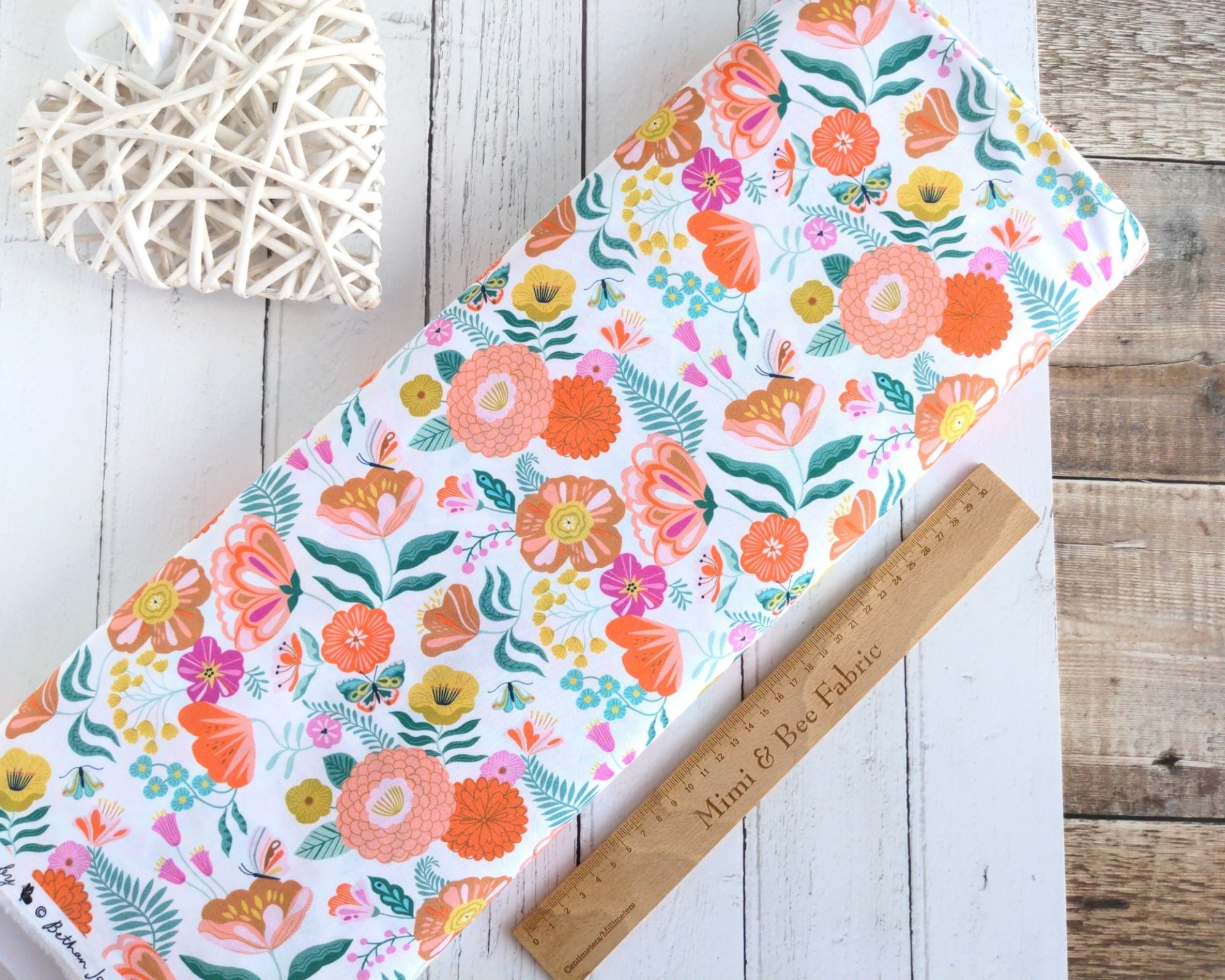 Bright Florals & Butterflies on White cotton fabric - Flutter By by Dashwood Studio