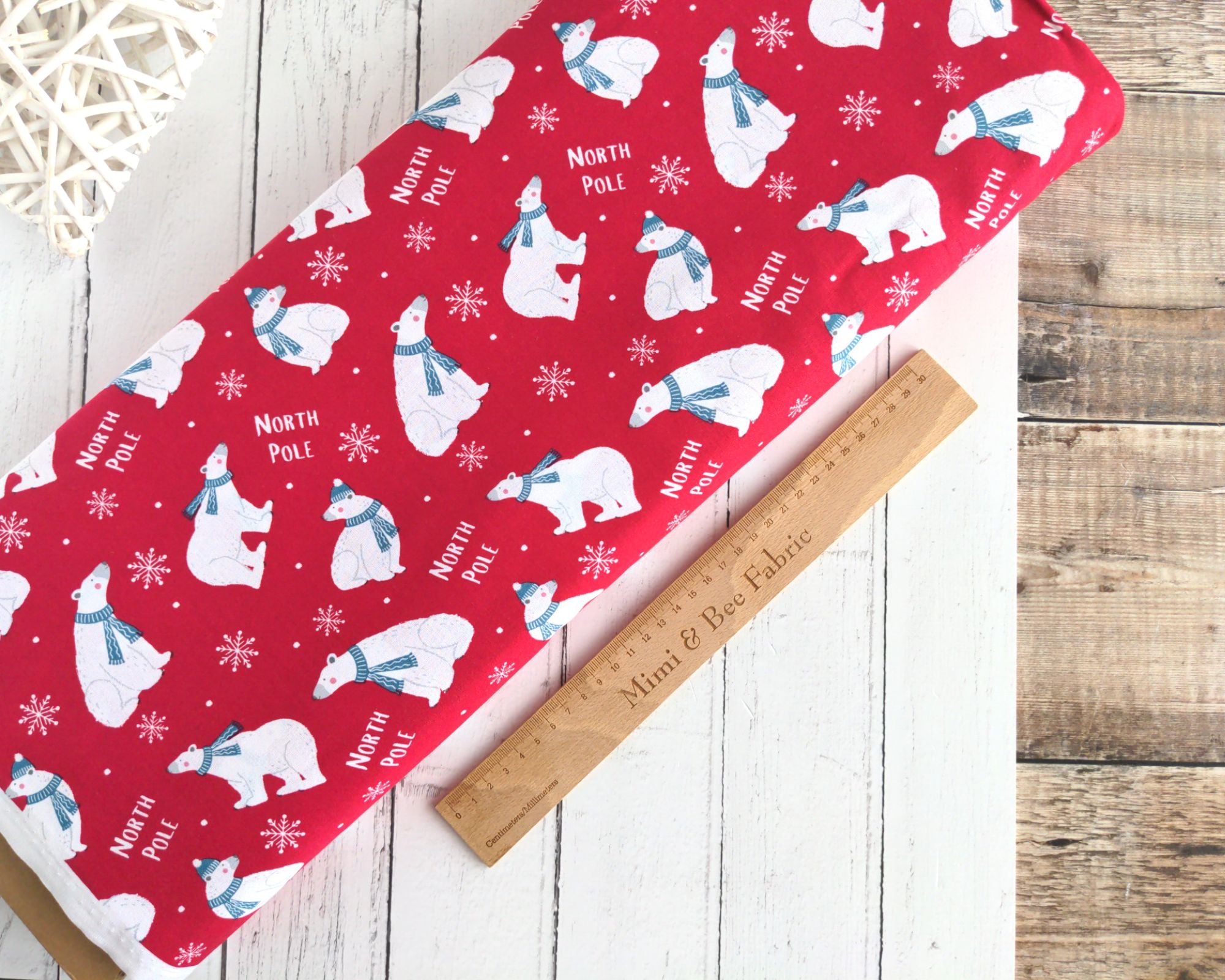 Polar bear on red cotton fabric - Craft Cotton Co