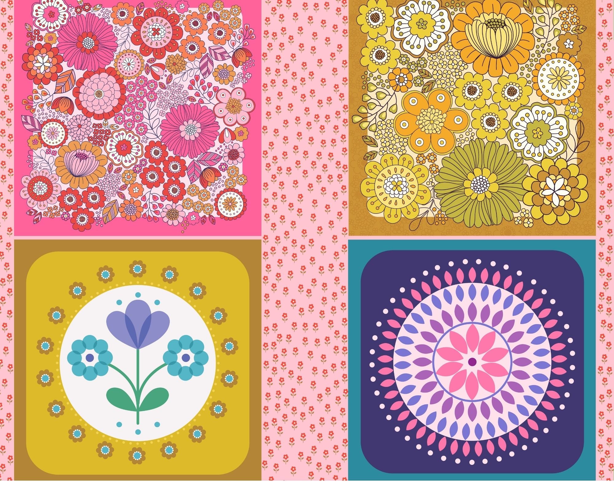 Retro cushion panel with pink and yellow 70s flowers  - Flower Child by Lewis and Irene