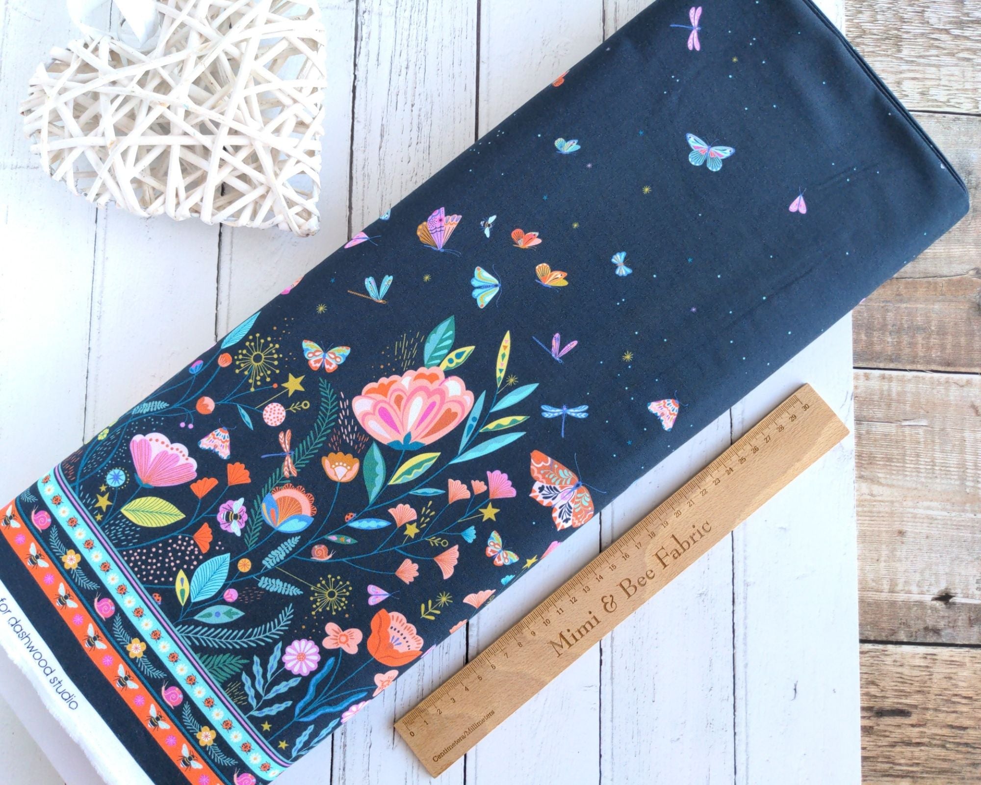 Black floral double border fabric - Flutter By by Dashwood Studio