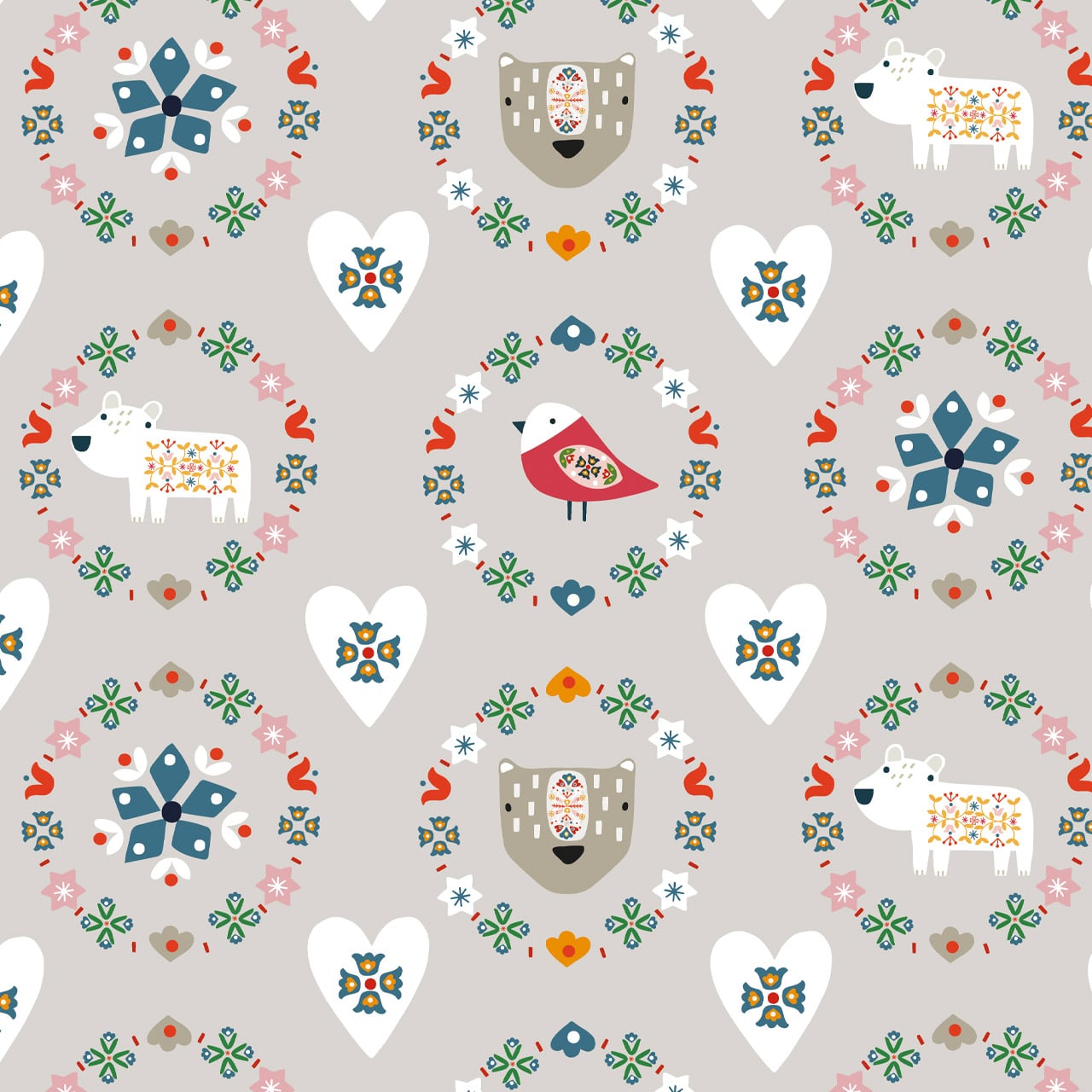 Scandi birds, flowers and animals on a grey cotton fabric - Winter Folk by Dashwood Studio