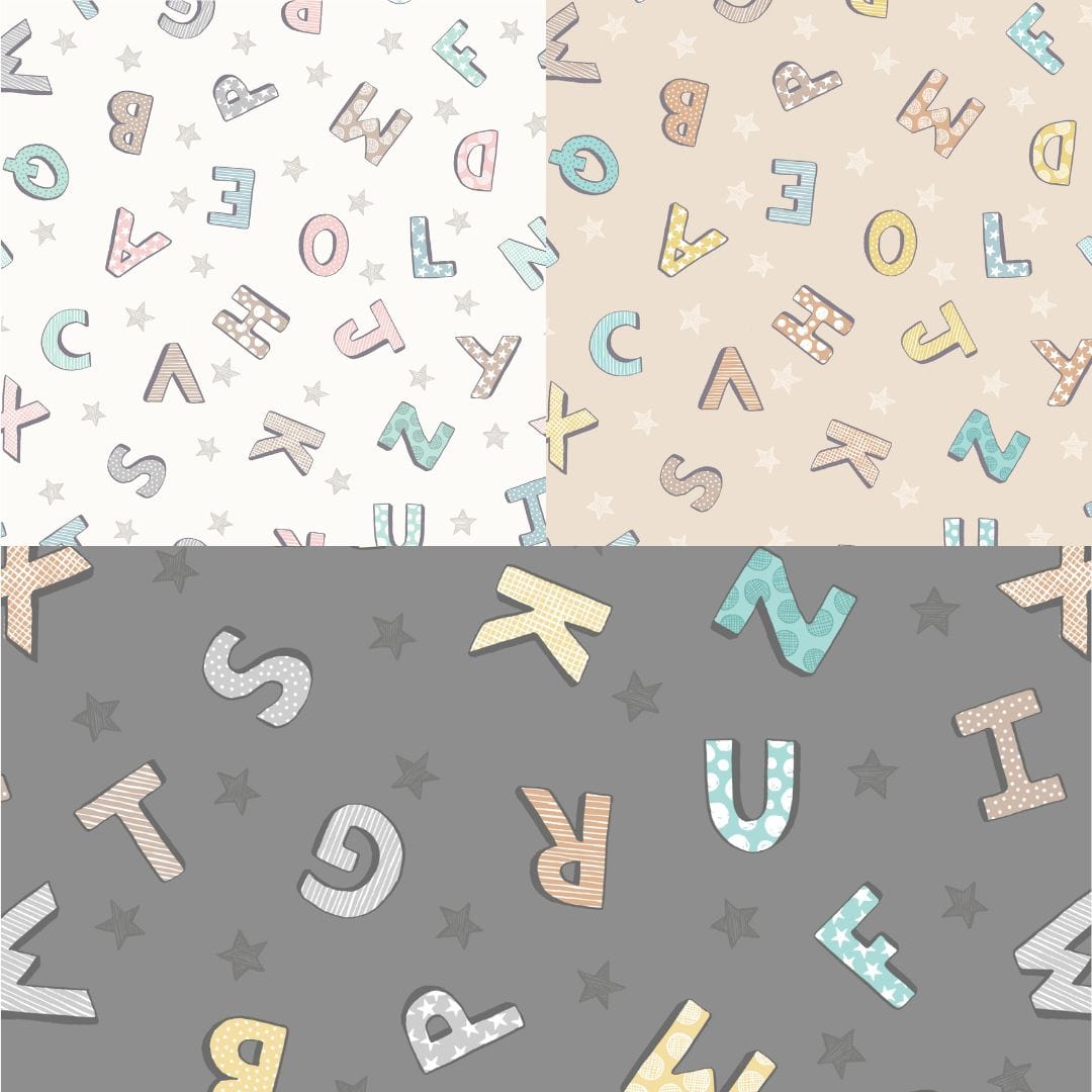 Fabric Alphabet and stars on beige 100% cotton fabric - Bella Bunny & Bear by Lewis & Irene