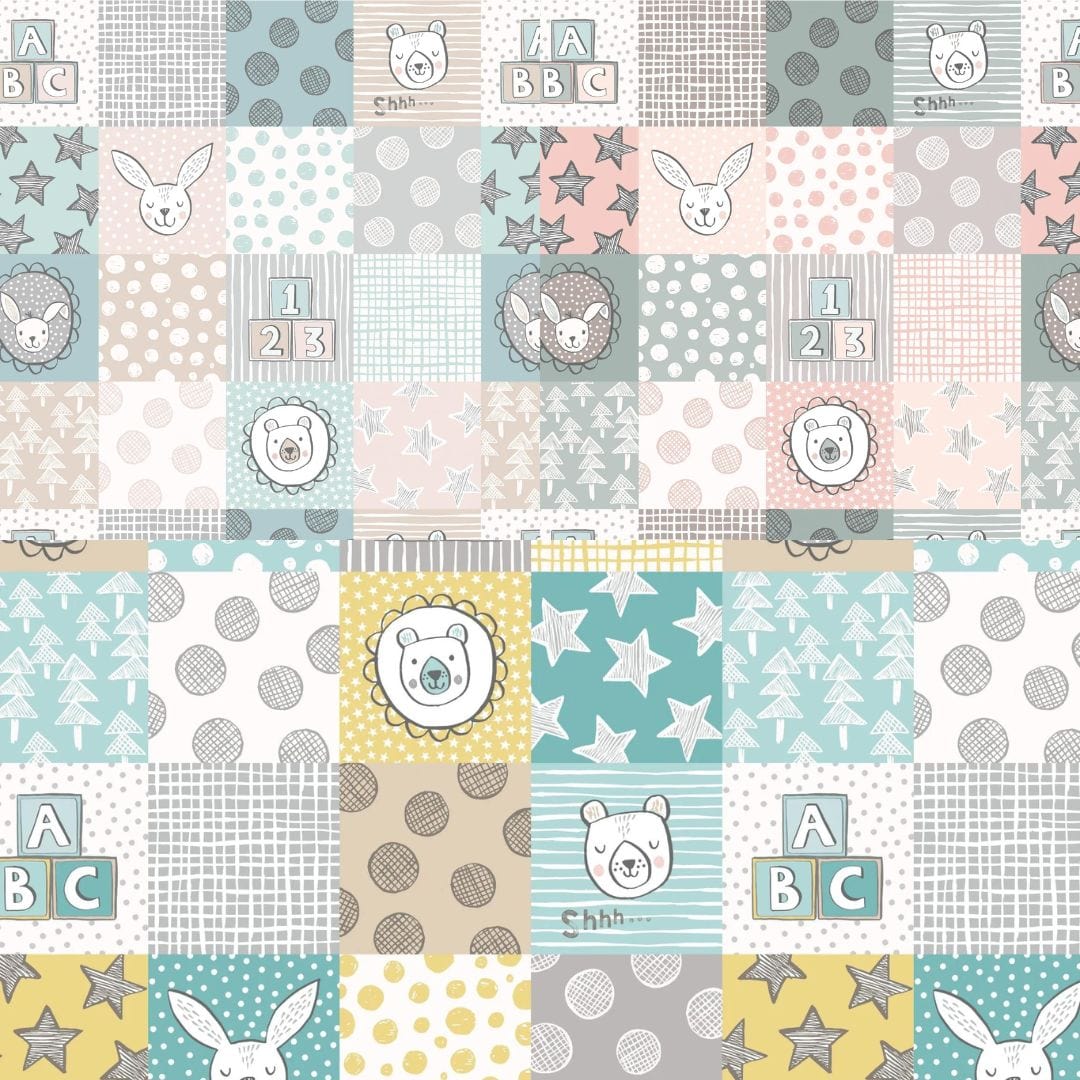 Fabric Alphabet and stars on dark grey 100% cotton fabric - Bella Bunny & Bear by Lewis & Irene