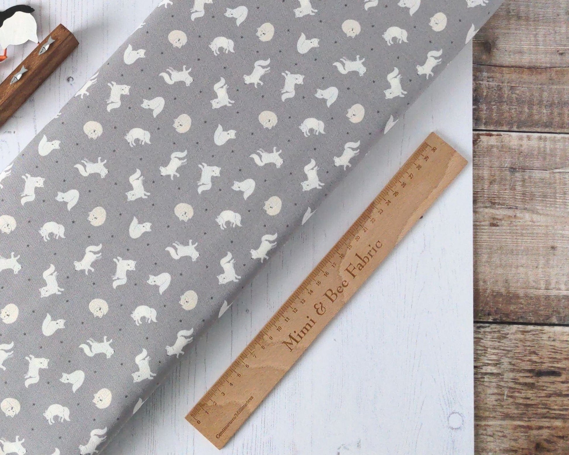 Fabric Arctic fox on silver grey with pearl on cotton fabric - 'Polar Animals' Lewis & Irene