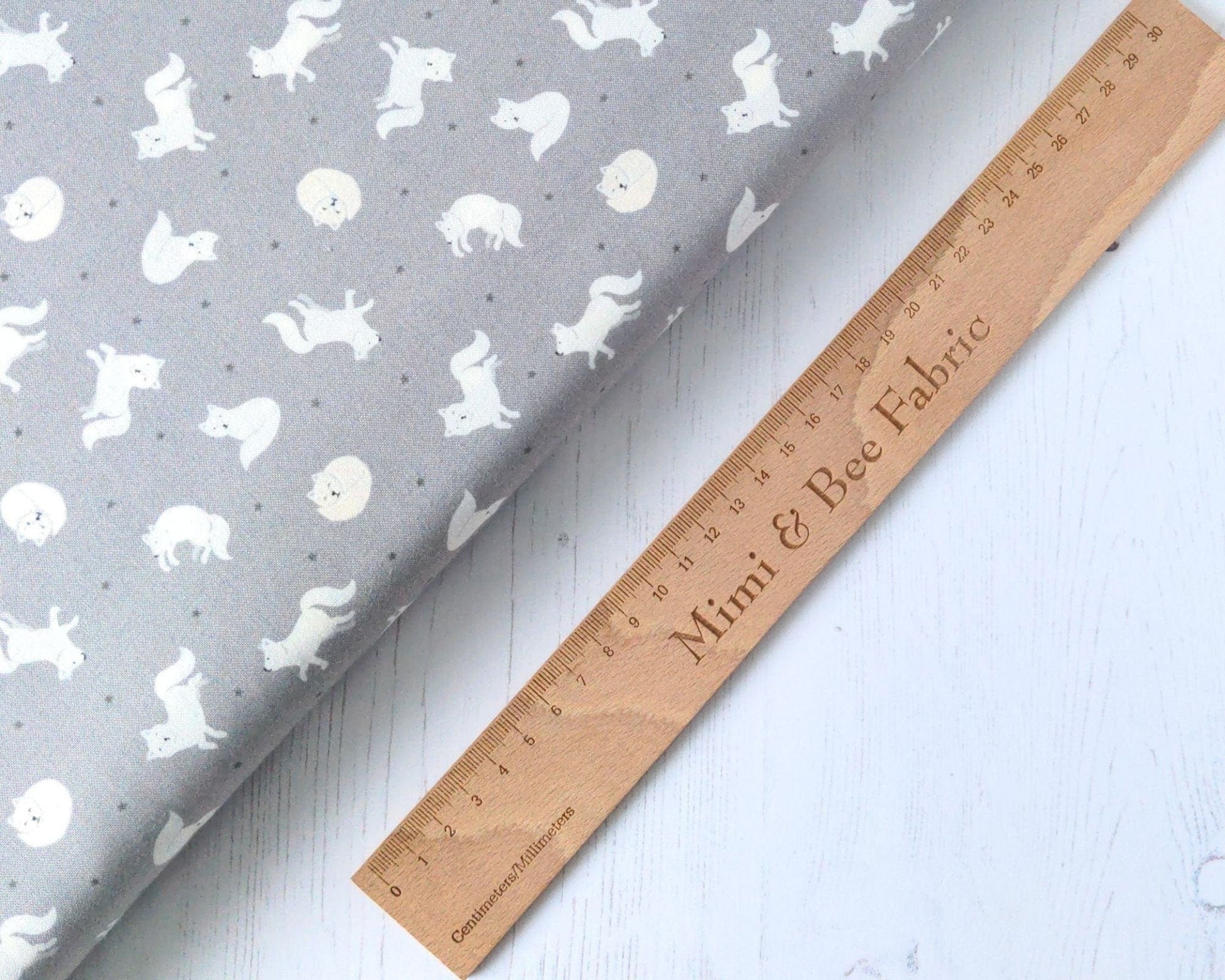 Fabric Arctic fox on silver grey with pearl on cotton fabric - 'Polar Animals' Lewis & Irene