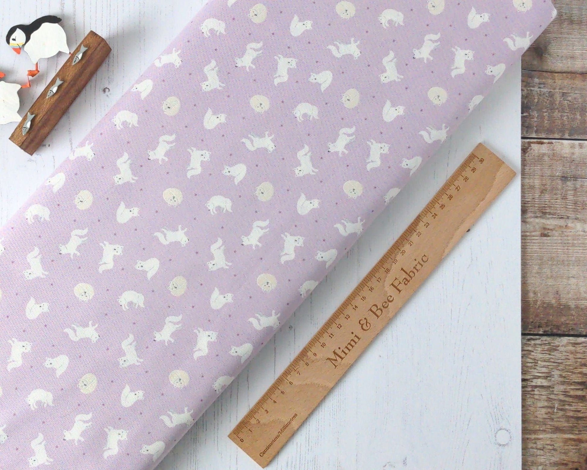 Fabric Arctic fox on winter pink with pearl on cotton fabric - 'Polar Animals' Lewis & Irene
