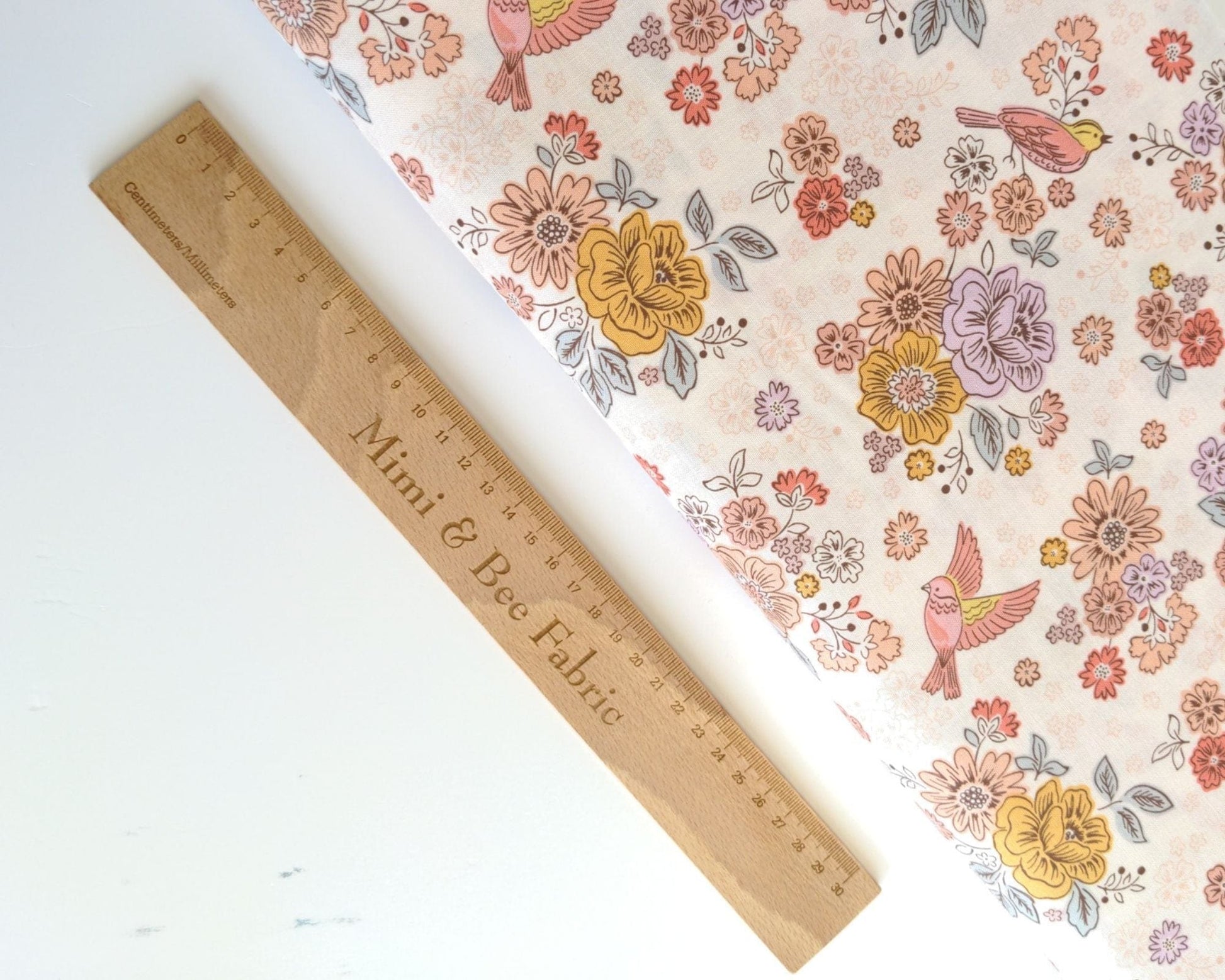 Fabric Birds and flowers on cream cotton fabric - Hannah's Flowers by Lewis & Irene