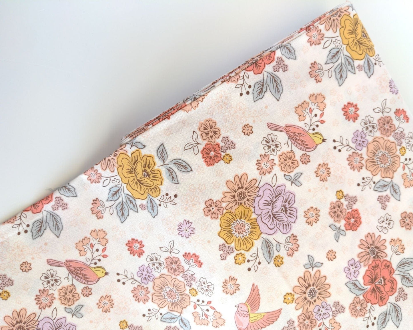 Fabric Birds and flowers on cream cotton fabric - Hannah's Flowers by Lewis & Irene