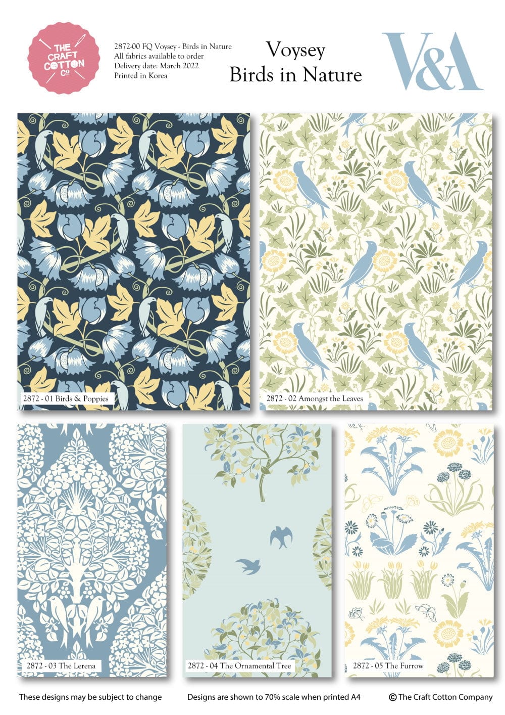 Fabric Birds in ornamental fruit tree on light blue  100% cotton fabric - Voysey Birds in Nature