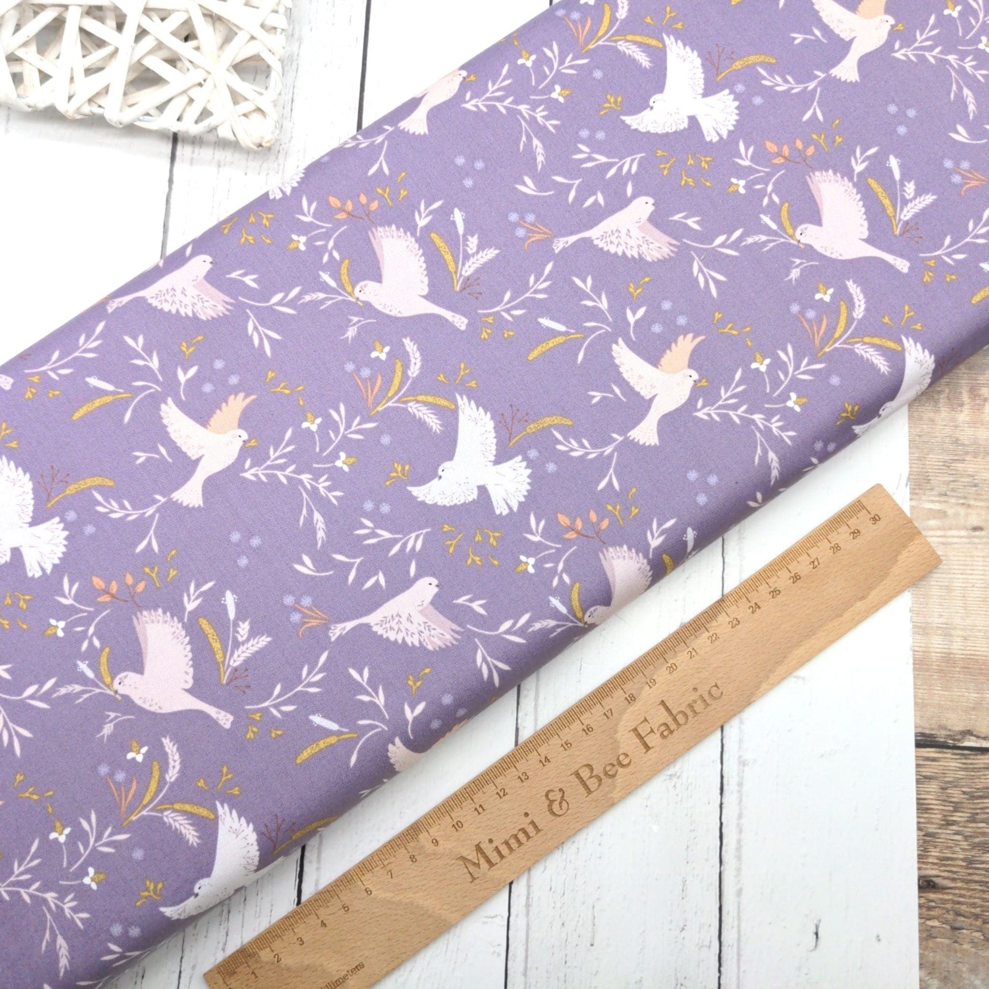 Fabric Birds on Purple Lavender cotton fabric - Meadowside by Lewis & Irene