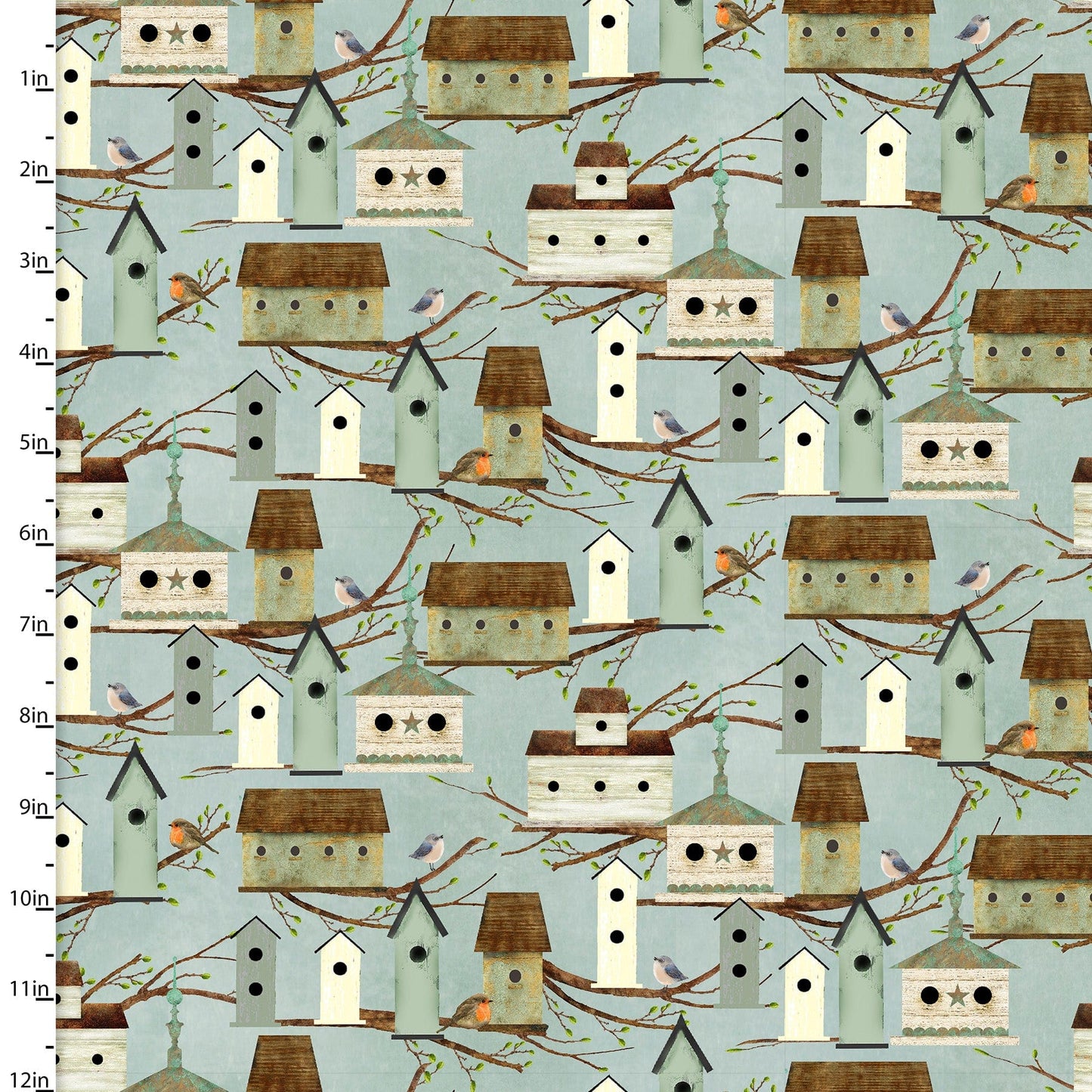 Fabric Blue bird house and robin 100% cotton fabric - 'Touch of Spring' 3 Wishes