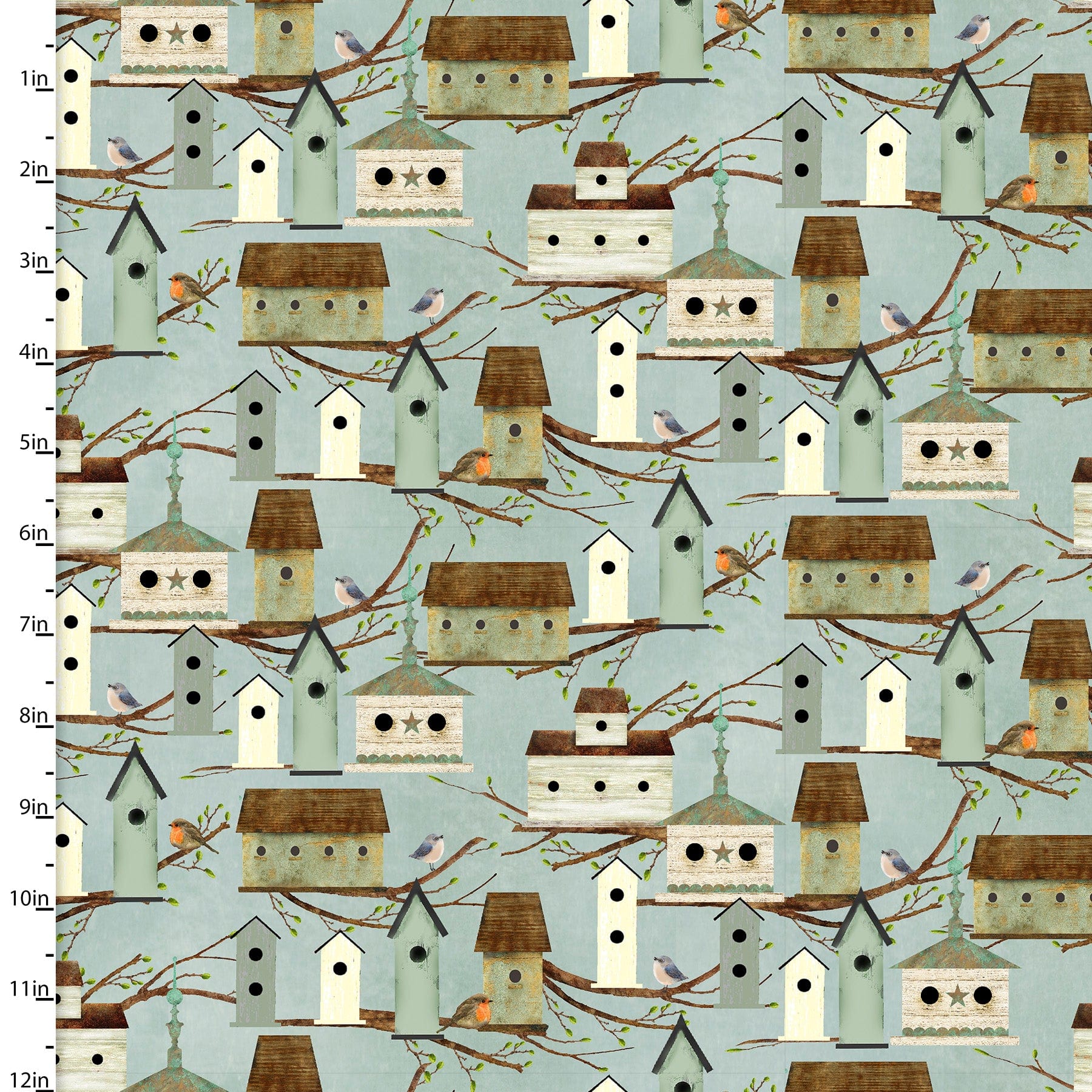 Fabric Blue bird house and robin 100% cotton fabric - 'Touch of Spring' 3 Wishes