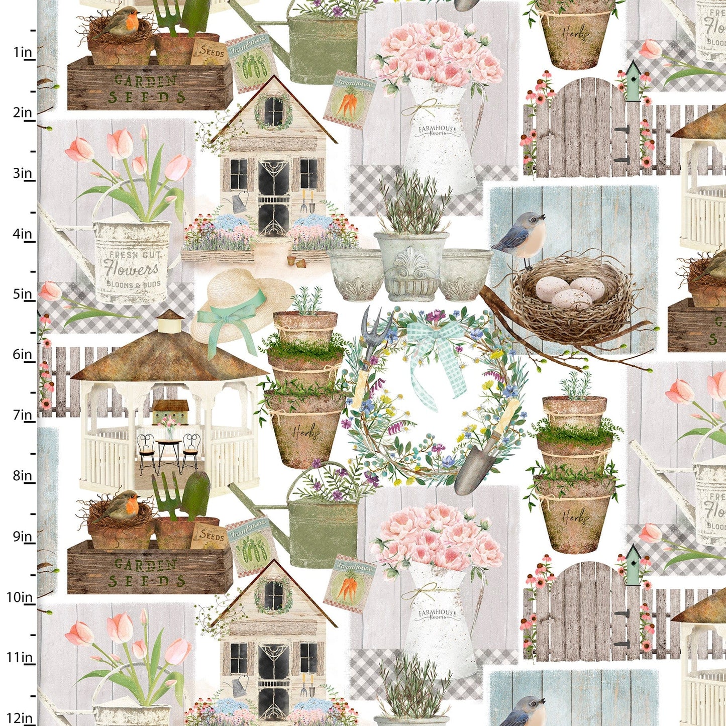 Fabric Blue bird house and robin 100% cotton fabric - 'Touch of Spring' 3 Wishes