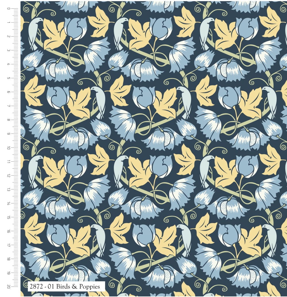 Fabric Blue birds and poppies on navy 100% cotton fabric - Voysey Birds in Nature