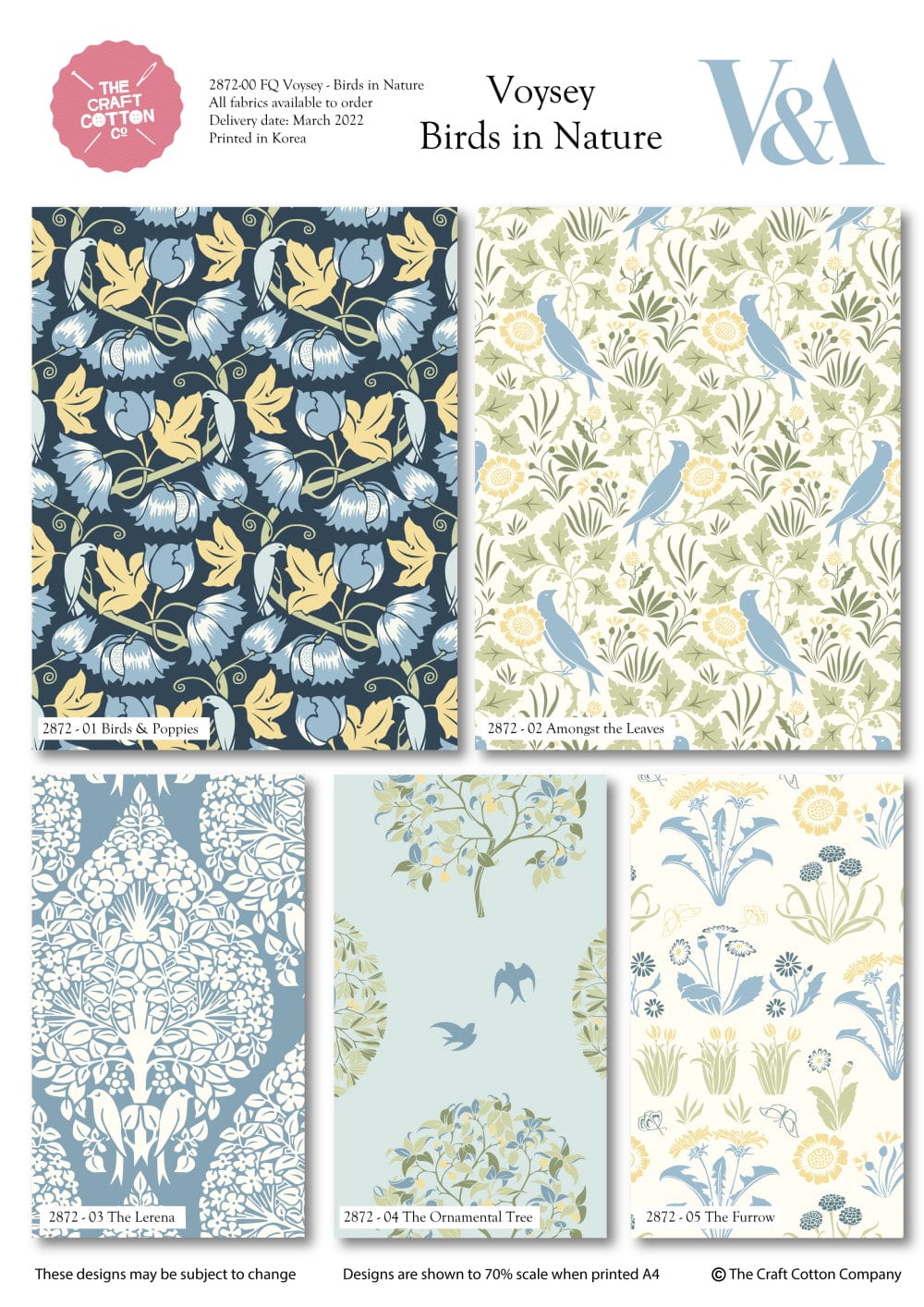 Fabric Blue birds and poppies on navy 100% cotton fabric - Voysey Birds in Nature