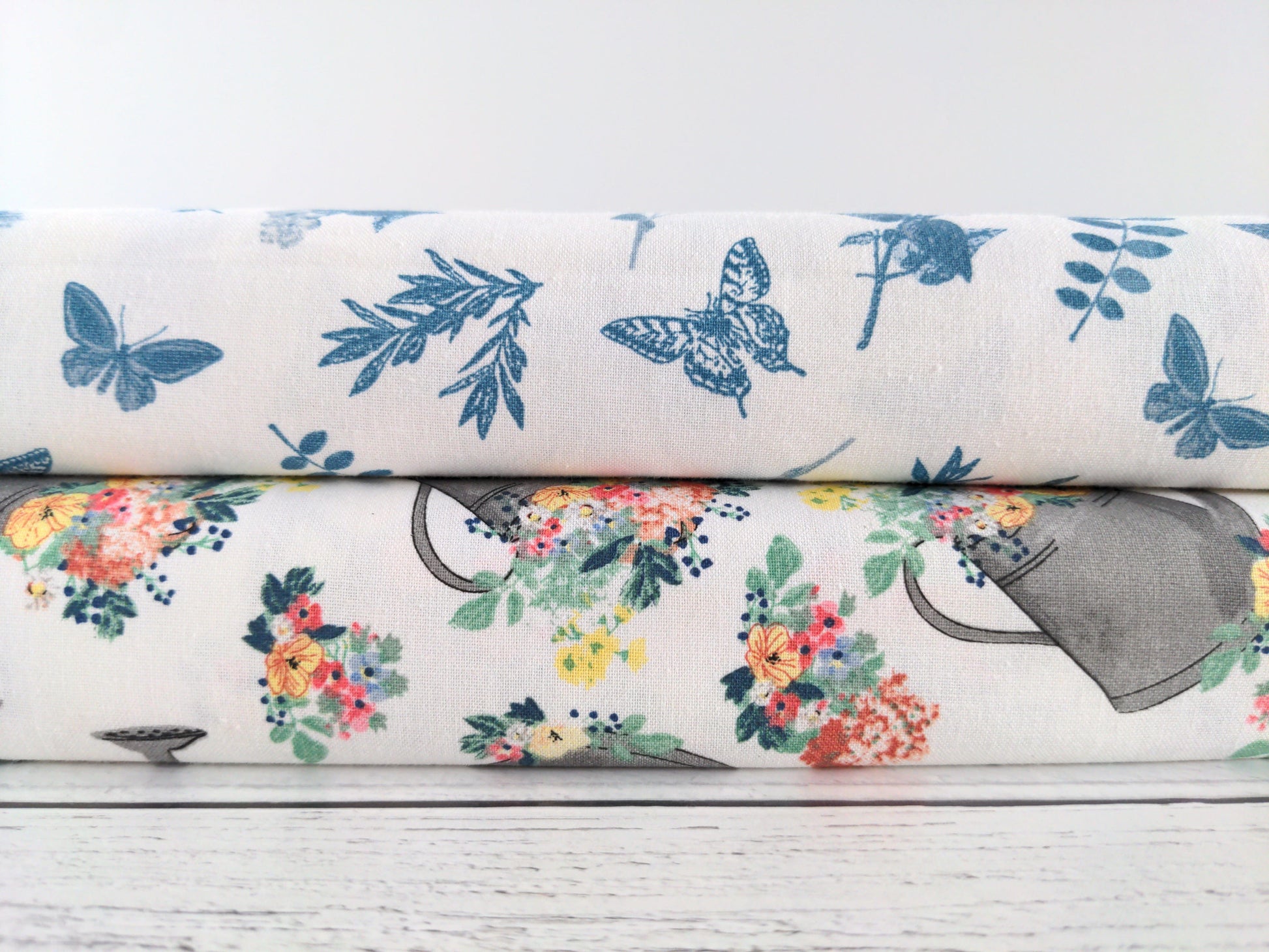 Fabric Blue butterflies on white cotton fabric - Flower Junction - 3 Wishes