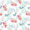 Fabric Blue Eiffel Tower clouds pink flowers butterflies on white cotton - Love is in the air by Blank