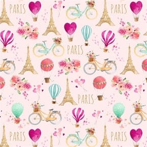 Fabric Blue Eiffel Tower clouds pink flowers butterflies on white cotton - Love is in the air by Blank