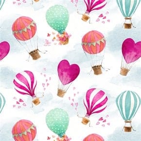 Fabric Blue Eiffel Tower clouds pink flowers butterflies on white cotton - Love is in the air by Blank