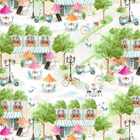 Fabric Blue Eiffel Tower clouds pink flowers butterflies on white cotton - Love is in the air by Blank