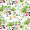 Fabric Blue Eiffel Tower clouds pink flowers butterflies on white cotton - Love is in the air by Blank