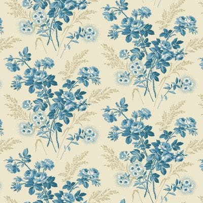 Fabric Blue floral roses on cream cotton fabric - Blue Escape by Laundry Basket Quilts